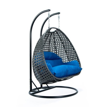 Leisuremod Charcoal Wicker Hanging 2 person Egg Swing Chair with Blue Cushions ESCCH-57BU